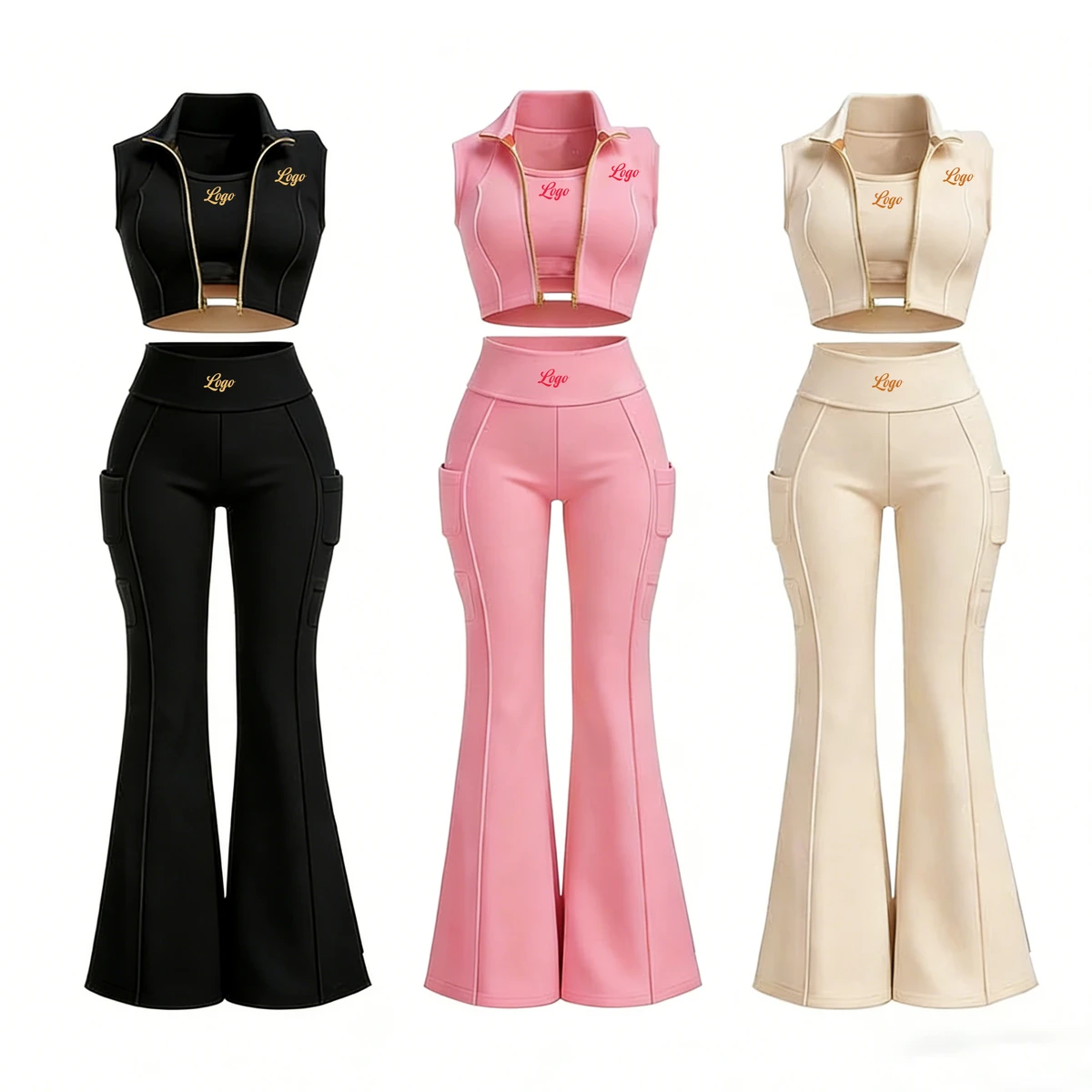 Y2K Women Tracksuits Set Custom LOGO Women Active Wear Yoga Set Full Zip Jacket with Flared Pants Gym Fitness 3 Piece Set Women