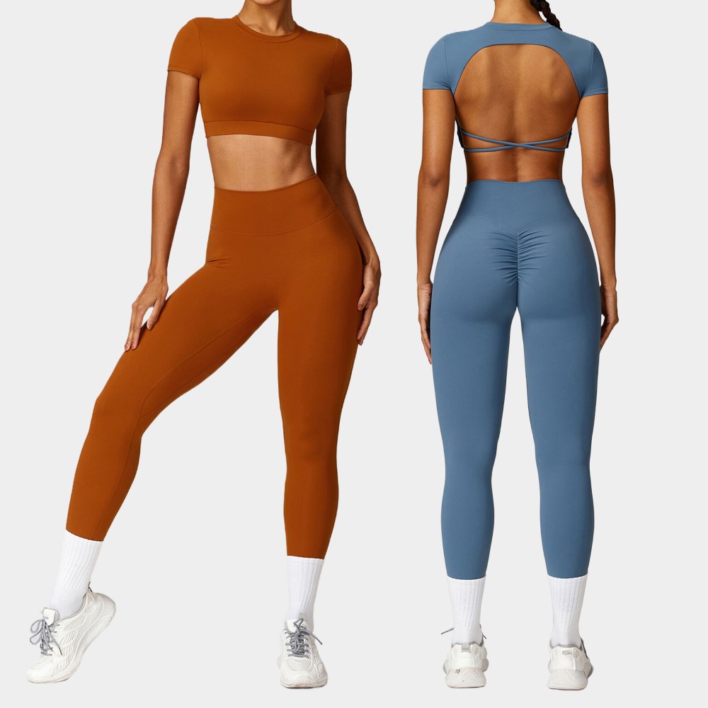High Quality Solid Breathable Sports Crop Top & Legging 2-Piece Set with Elastic Waist for Workout Fitness Yoga