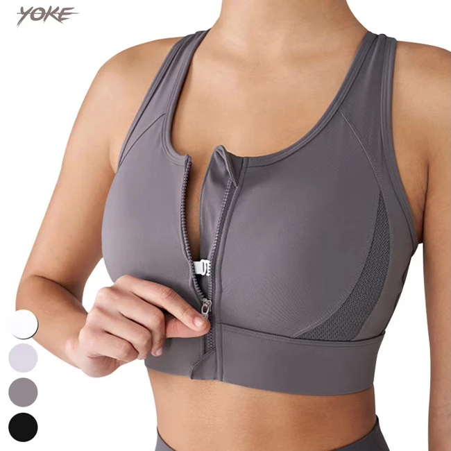 Yoke Wholesale Clothing High Support Front Zip Sports Bra Fixed Pad Yoga Bras Gym Fitness Shockproof Yoga Sports Bra for Women