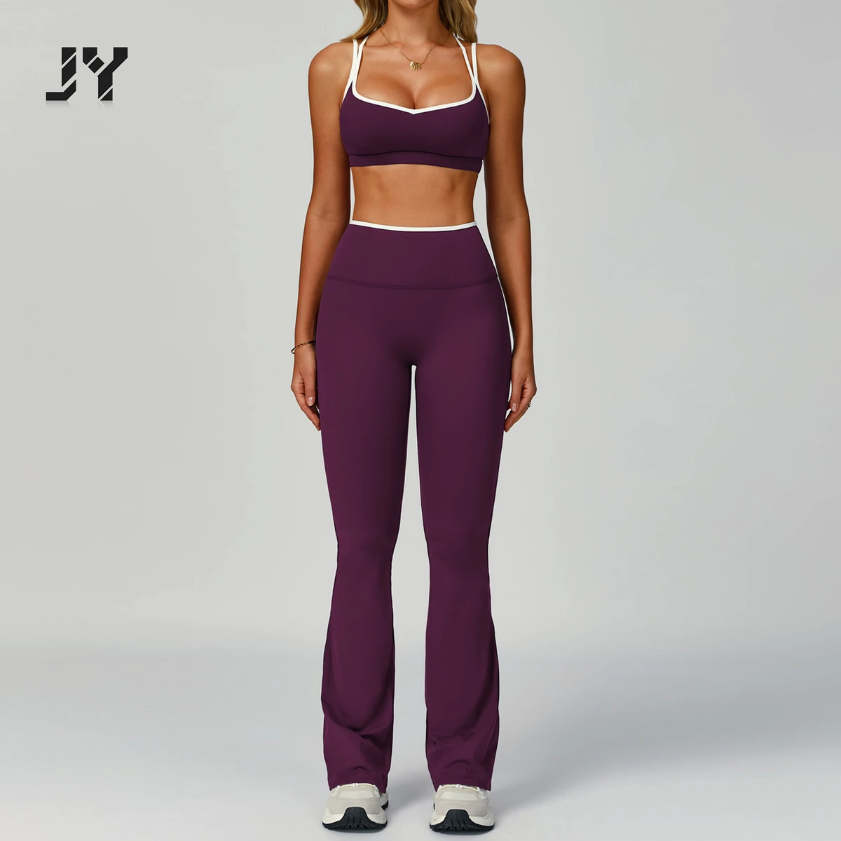 JY Backless Cross Bra Gym Fitness 2 Pieces Sets High Waist Flare Leggings Training Sportswear Yoga Flared Legging Set