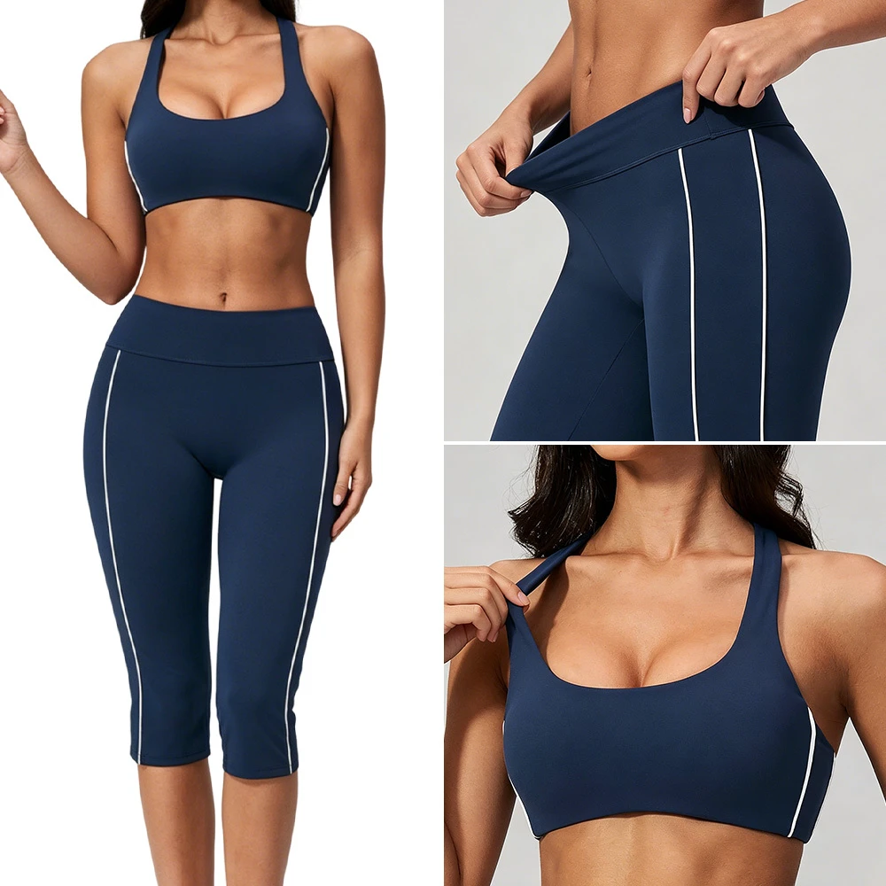 Contrast Red Stripe Yoga Set for Women, Racerback Sports Bra & High Waist Capri Leggings Fitness Outfit, Low MOQ