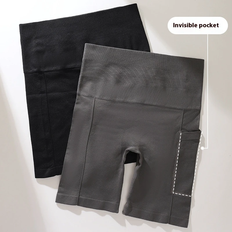 Women's High Waist Three-Quarter Length Cycling Sports Pants Side Pocket Anti-Exposure Hip-Lifting Tummy Firm Nylon Yoga Shapers