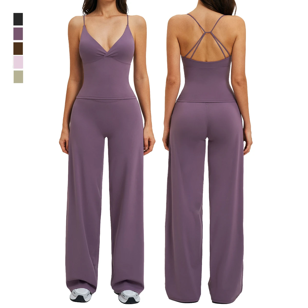Women Solid Fitness Set Twist Front Sport Tank Top Elastic V Neck Waist Wide Leg Pants Breathable Yoga Suit Workout Clothes
