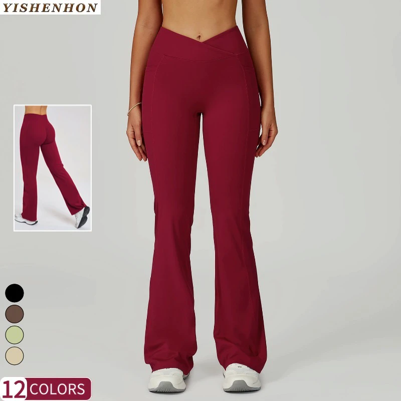 YSH Front V-shape High Waist Wide Leg Flared Yoga Leggings Spandex/Nylon Breathable Full Length Women's Gym Workout Pants