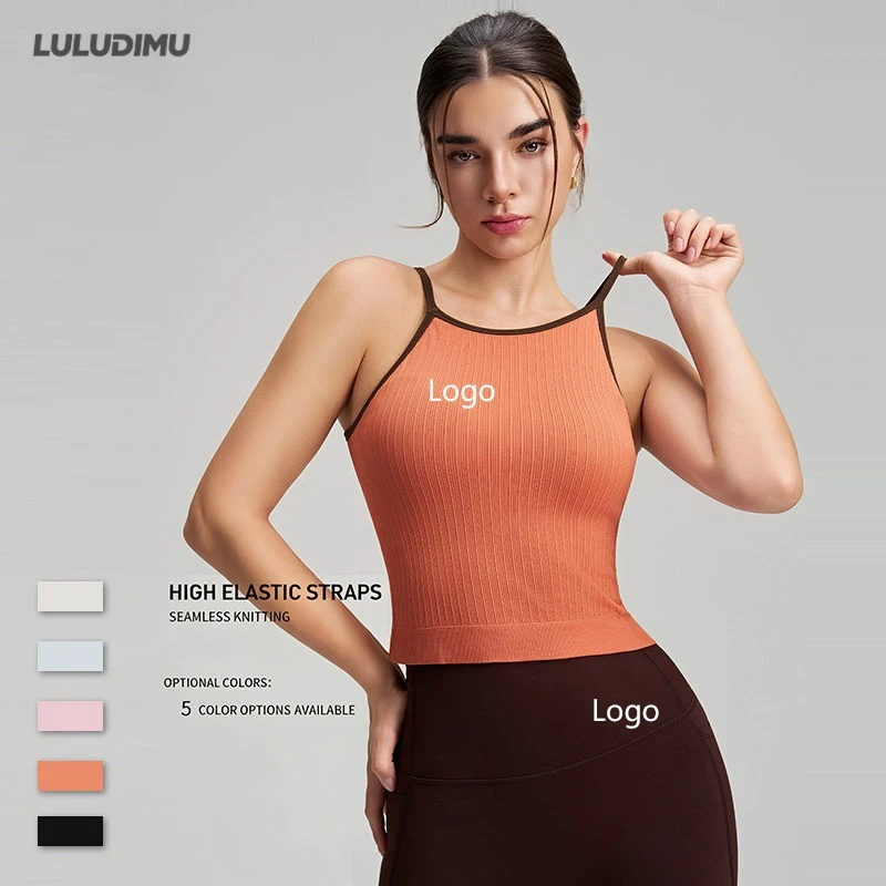Women Lightweight Shockproof Sports Bra Fixed Cups Spaghetti Strap Yoga Tank Top Front Four-Way Stretch Quick Dry Medium Support