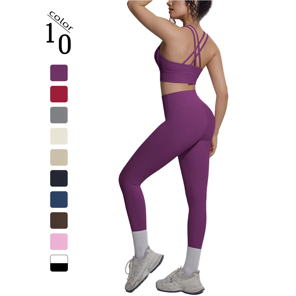 Women's Solid 10 Colors Yoga Set Two Piece Criss Cross Back Sports Bra High Waist Leggings Breathable Eco-Friendly Four-Way
