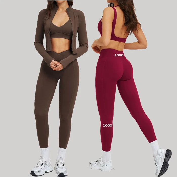 Custom logo Side Pocket Tummy Control Fitness Yoga Set Butt Lifting 3 Piece Yoga Set Women Yoga Set