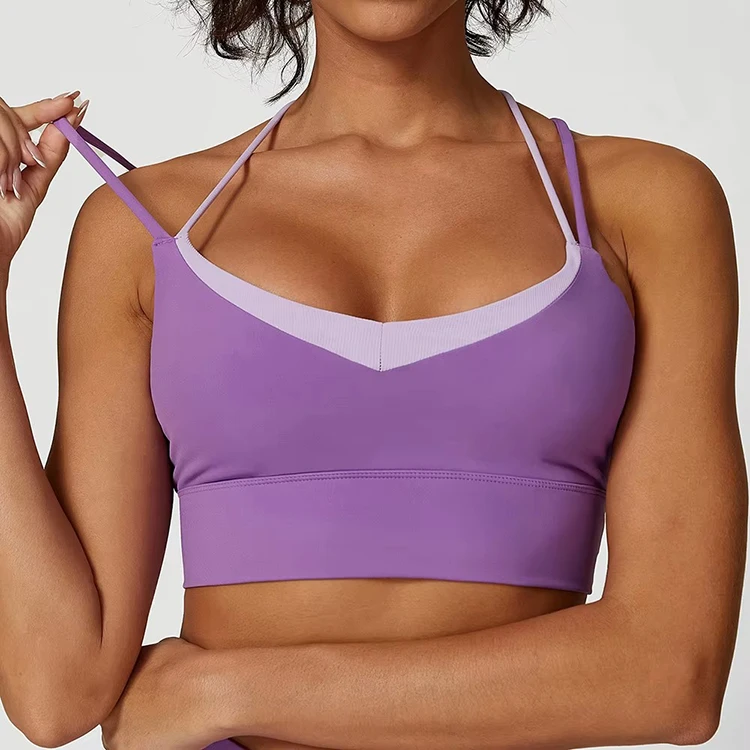 Custom Color Contrast Double Cross Strap Sweat-Wicking Medium Support Simple Front Workout Yoga Sports Bra Breathable Quick Dry