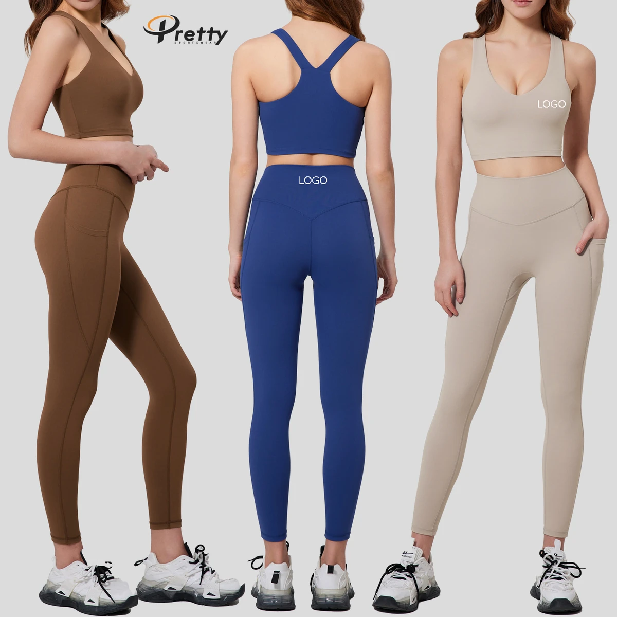 Wholesale Plus Size Sports Yoga Outfit Set Racerback Shockproof Sports Vest Women Running High Waist Pocket Tight Yoga Pants
