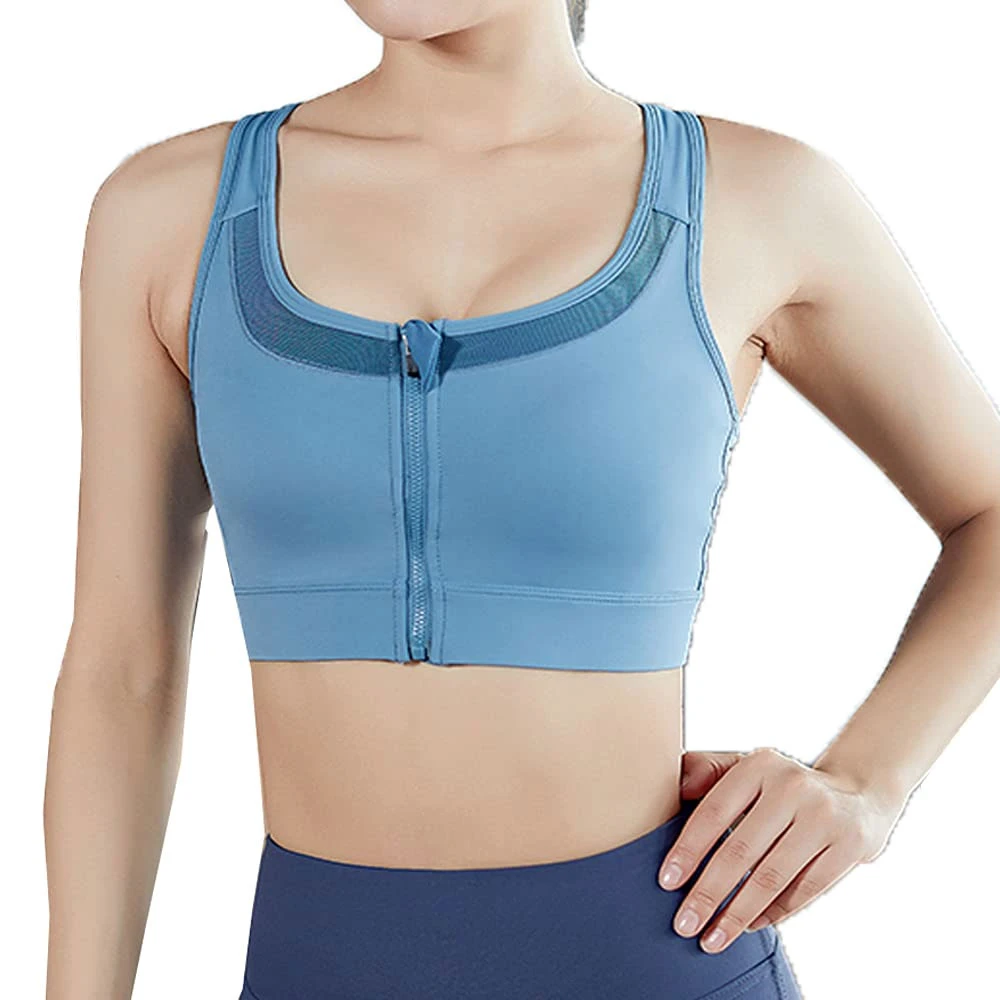 Light Blue Wireless Sports Bra With Front Zipper High Impact Support Latest Design For Running Yoga Workout Bra