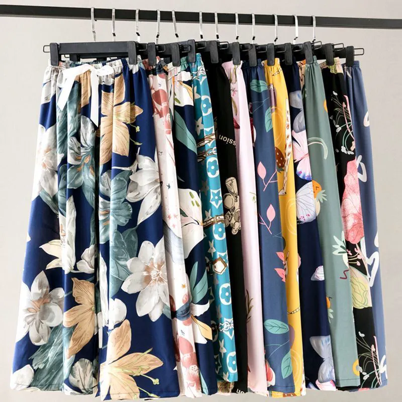 Loose Plus Size Pants Sleepwear Flower Print Pajama Pants Thin Cute Bottoms Women Summer Long Pants