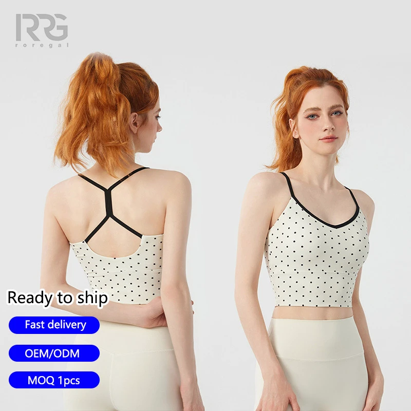 Roregal Women's Fixed Cup Shockproof Sports Bra Polka Dot Design Breathable Gym Training Yoga Sleeveless Top