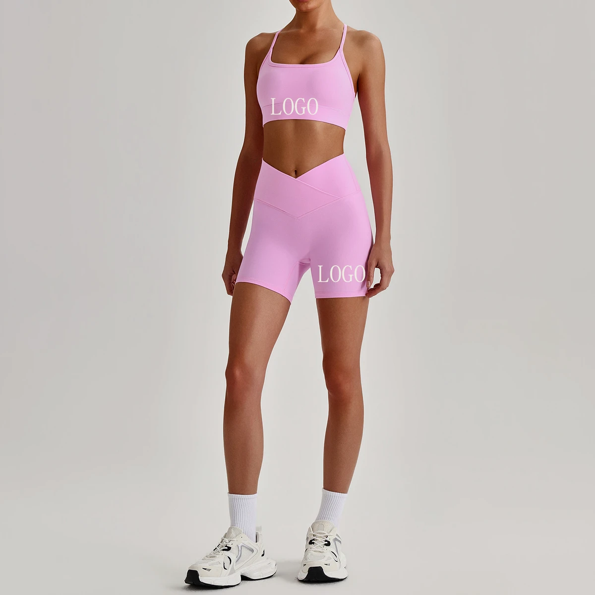 Sports Fitness Yoga Wear Set Bra Shorts Cross Waistband Womens Gym Breathable Quick Drying Running Leggings Wholesale Customized