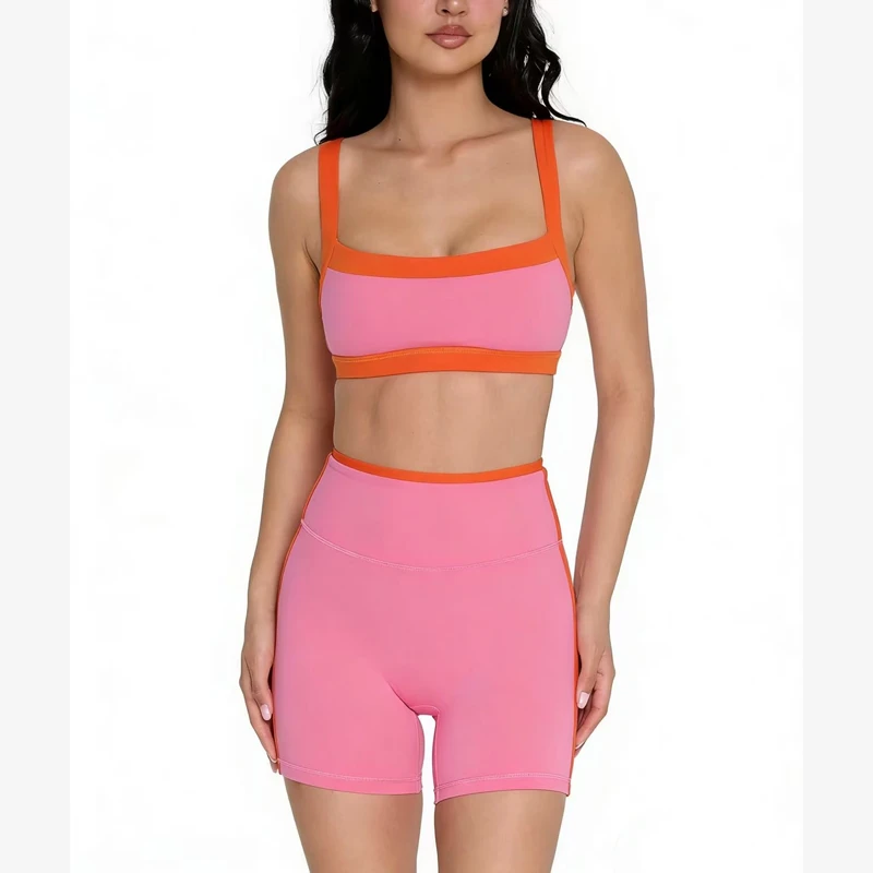 Fashion Fitness Contrast Color 2 Piece Quick Dry Bra Running Shorts Summer Short Yoga Set for Women Clothing