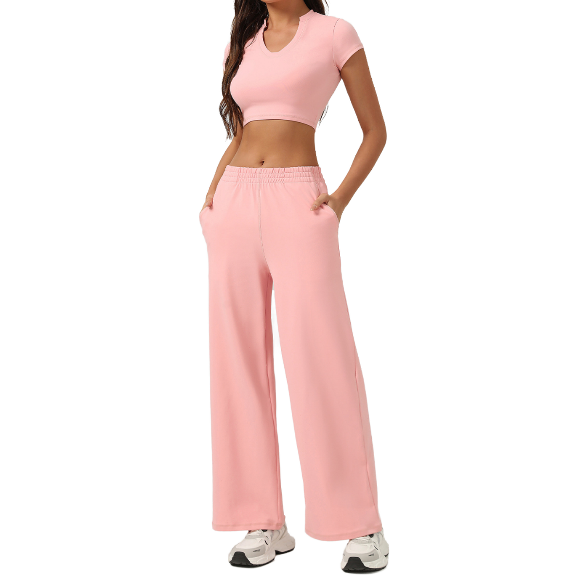 Women's High Waist Wide Leg Sweatpants & Short Sleeve Yoga Crop Top 2-Piece Set with Elastic Waist Closure Solid Front Logo