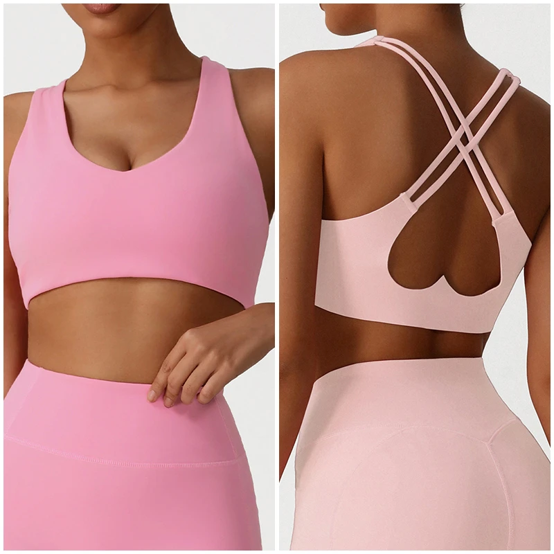 SM2526-1Women Cross-Back Yoga Bra High Support Padded Sports Bra with Slimming Design Gym Wear Crop Top for Training