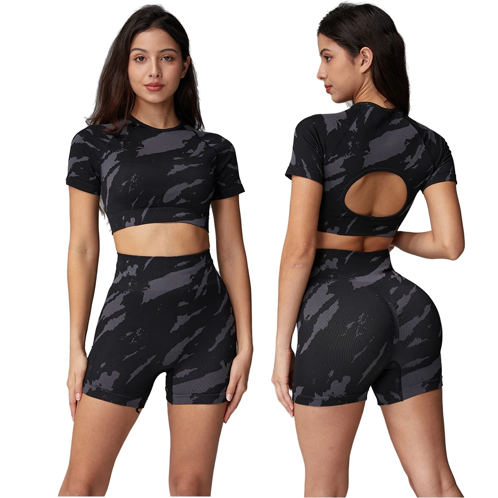 Dot Slimming Seamless Splicing Breathable Quick-Drying Elastic Waist Front Logo High-Waisted 2-Piece Set Fitness Yoga Suit Women