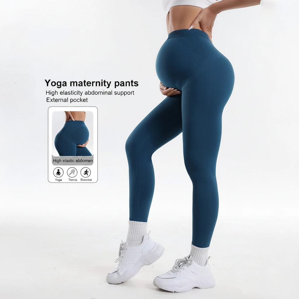Pregnant Women Yoga Leggings Slim-fit High Waist Seamless Spandex/Nylon Wrinkle-free Solid Color Sports Maternity Yoga Pants