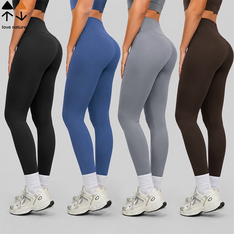 Women's Double Sided Nylon Workout Leggings High Waist Body Hugging No Front Seam Back Pocket Yoga Running Fitness Pants