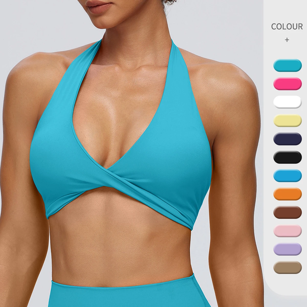 Women's Twist-Front Halter Backless Sports Bra Removable Pads Yoga Workout Crop Top