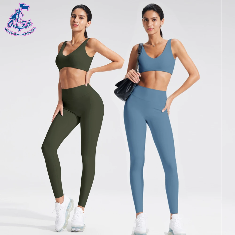 QIFA Nylon Spandex High Waist Quick Drying High Waist Yoga Pant Gym Fitness Sports Wear Tummy Control Women Leggings