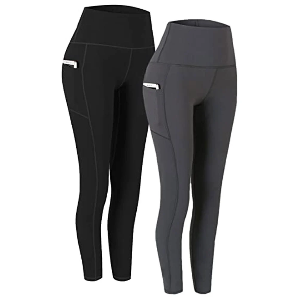 High Waist Yoga Leggings Full Length Solid Color With Pockets Seamless Four-Way Stretch Spandex Nylon Pants For Women