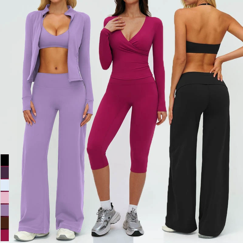 SHINBENE 6Pcs Yoga Workout Sets Sexy Long Sleeve Lounge Sets Straight Leg Pants Set Shorts Crop Top Casual Outfits