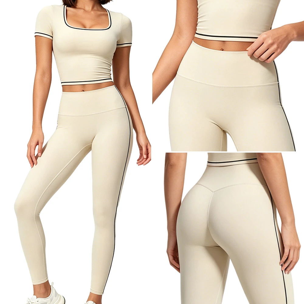 Women's Square Neck Short Top & High Waist Leggings Set FourWay Stretch Yoga Workout Outfit Low MOQ