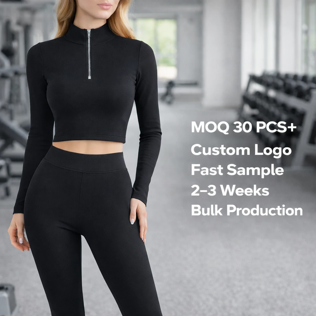 Solid Women Slim Fit Eco-Friendly Long Sleeve Zip Crop Top High Waist Leggings Yoga Set Two Piece Activewear Elastic Waist