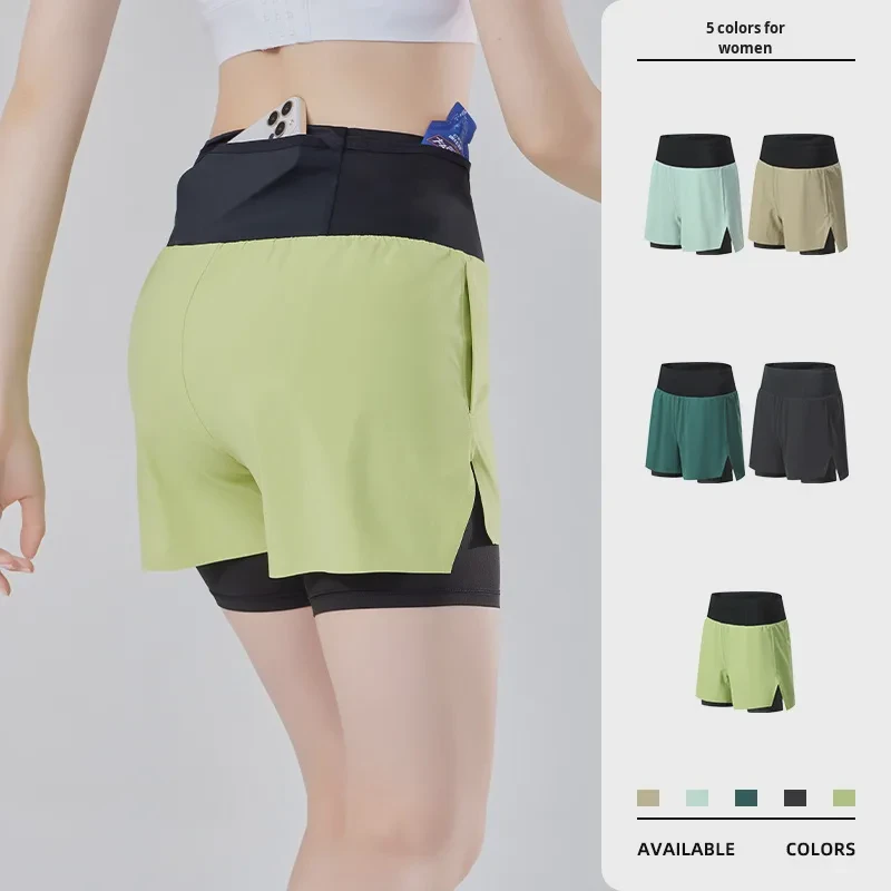 Women's High-Waisted Yoga Shorts Casual Running Sports with Lining Back Waist Pocket Shorts for Marathon Sports
