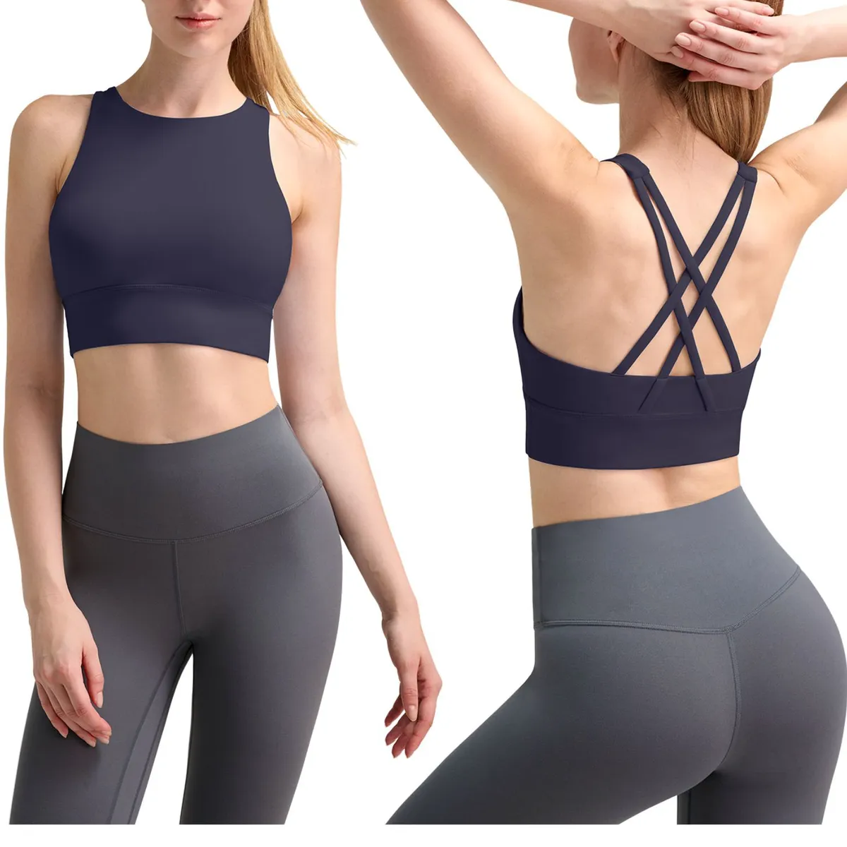 Women High Neck Strappy Cross Back Seamless Breathable Sports Bra Padded High Support Medium High for OEM Custom Plus Size