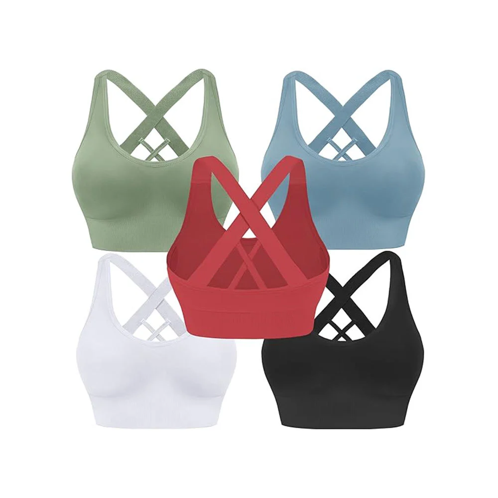 Women's Breathable Ribbed Double Shoulder Strap Yoga Sports Bra High Stretch High Support Fitness Running Vest Front Logo