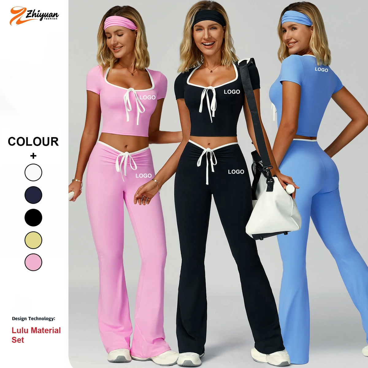 Contrast Color Fitness Clothes Women High Waisted Flared Pants Suit Casual Outdoor Short-sleeve 2-piece Sports Fitness Yoga Set