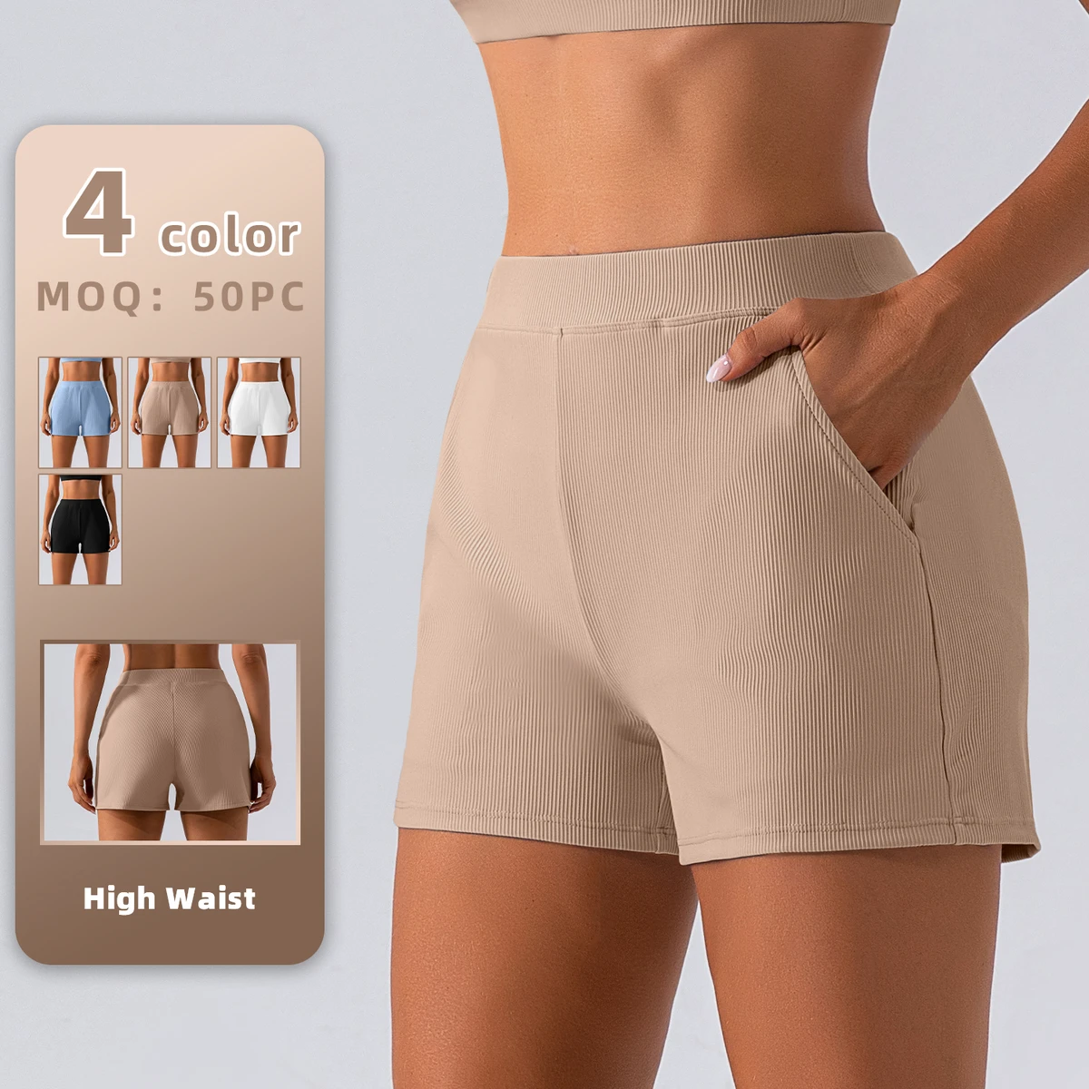 New Fashion Women's High Waist Sports Shorts Elastic Waist Gym Running Yoga Shorts with Pocket Solid Pattern