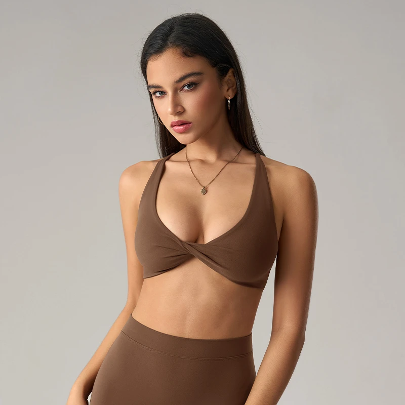 Custom Logo Women Breathable Nylon Workout Gym Sportswear Front Twist Cross Straps Back Sports Bra