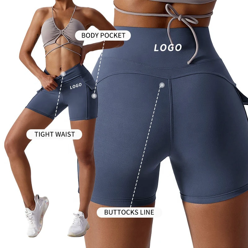 Custom Logo Nylon Spandex Side Pocket Tight Fit Yoga Fitness Shorts High Waist Gym Shorts Stretch
