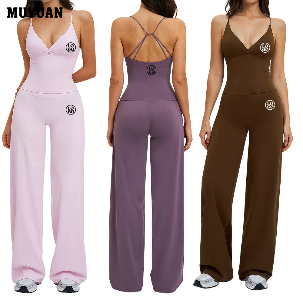 Women Yoga Set Two Piece Nylon Spandex Backless Crop Top High Waist Fitnesss Wide-leg Pants Quick Dry Matching Activewear Outfit