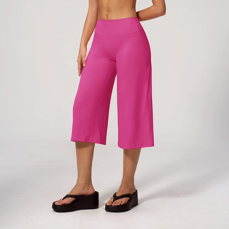 Flowy Wide Leg Cropped Yoga Pants for Women High Waist Tummy Control Flattering Fit Culottes