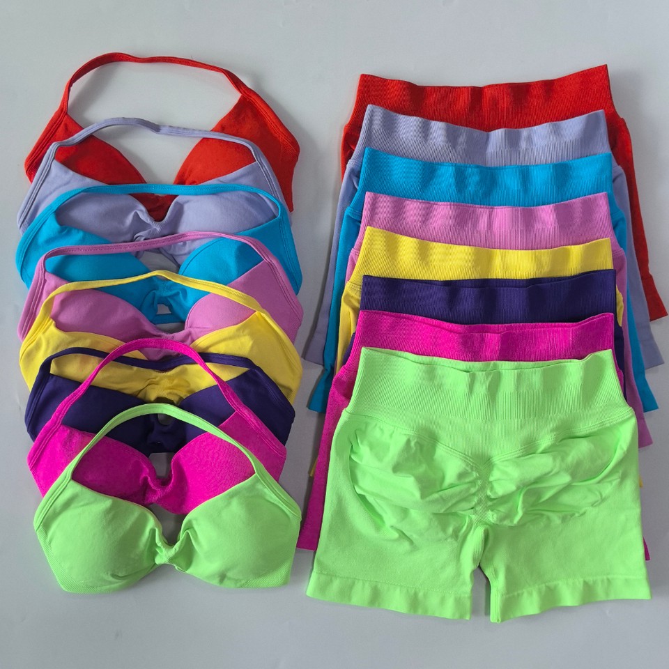 NO LOGO 2pcs Women's High Waist Workout Scrunch Shorts Strappy Yoga Bra Gym Set Seamless Sports Suit Fitness Clothes Solid