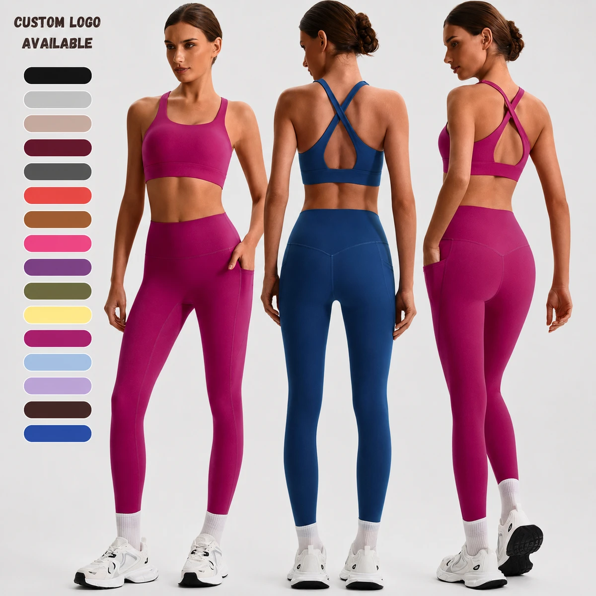 Custom Logo Women's Workout Set Sports Bra and High Waist Leggings 2 Piece Yoga Gym Activewear Set with Side Pocket Wholesale
