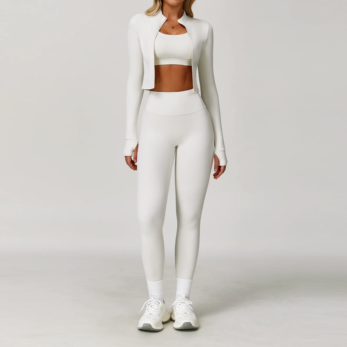 Skin Feel Outdoor Sports Tight Yoga Suit Long Sleeved Set Nude Fitness Suit Shockproof High Waist Yoga Suit 3 Piece Set