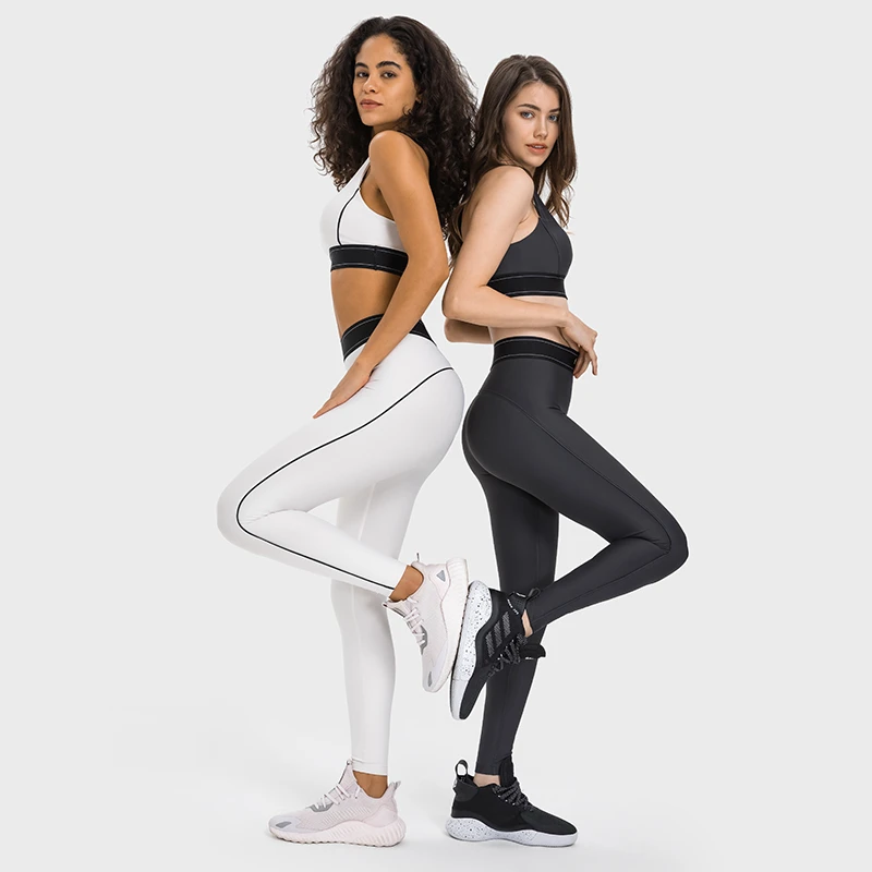 Womens Yoga 2 Piece Set Crop Tank Crisscross Straps with Leggings Contrast Color Band Elastic Waist Activewear Set Fitness yoga