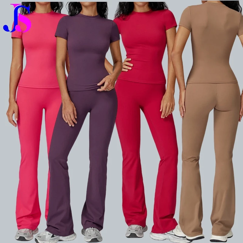 QIFA 2PCS Short-sleeved Flared Pants Yoga Suit Casual Sportswear Suitable for Dance Pilates