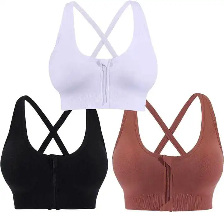 Front Zip Simple High Support Women's Sports Bra Quick Drying Lightweight Moisture Wicking Deep V-Neck Athletic Gym Jogging