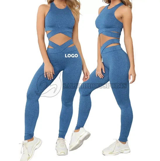 Mid Waist 2-Piece Yoga Set Women Custom Logo Crisscross Straps Quick Dry Breathable Four-Way Stretch Light Weight Cross Legging