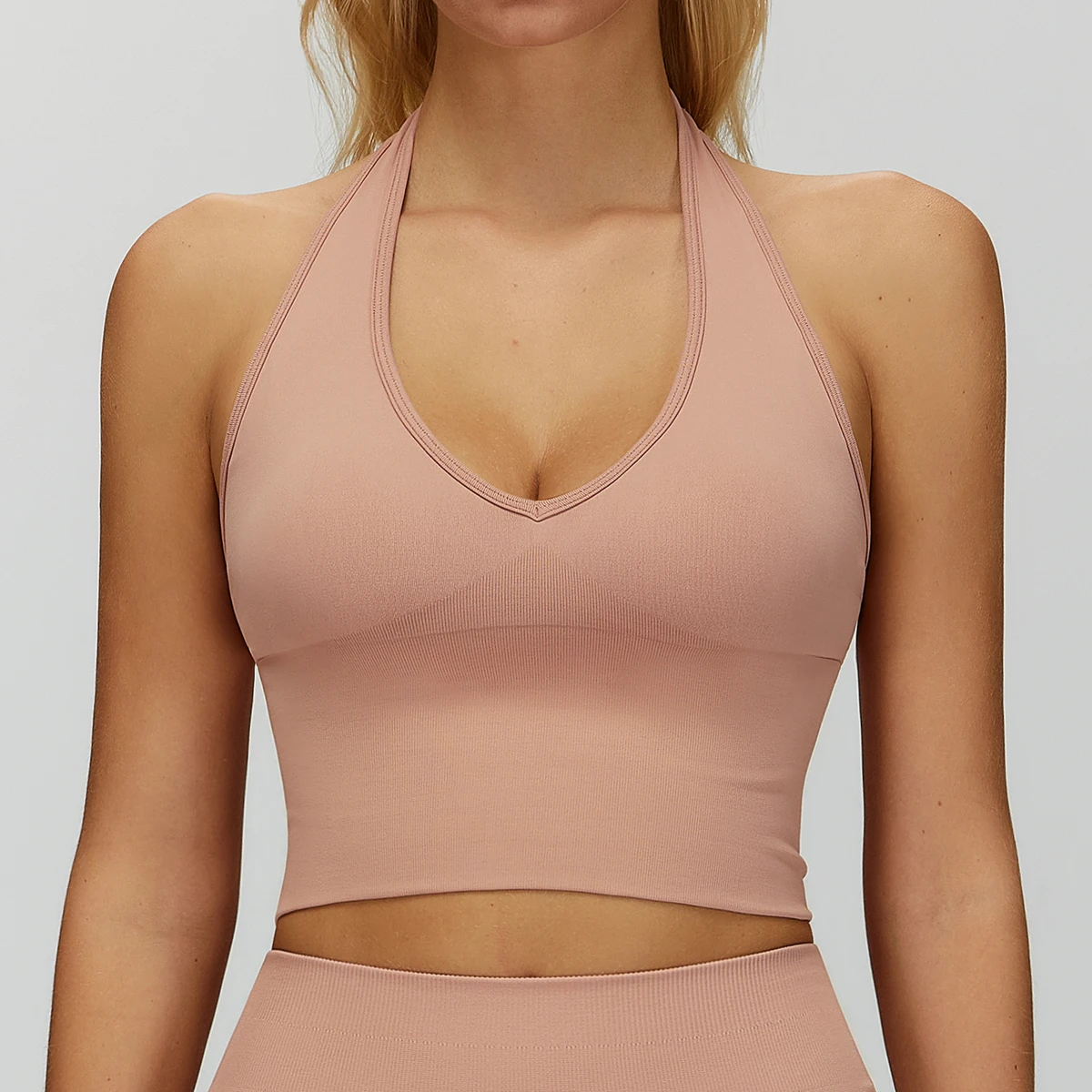 Breathable Halter Neck Seamless Yoga Bra Shockproof Backless Fitness Crop Top for Summer Workout & Training
