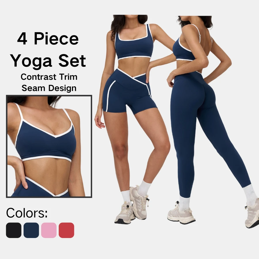 Womens Four Piece Yoga Set Contrast Trim Square V Neck Tops Cross Waist Shorts Leggings Stripe Seam Sculpting Gym Fitness Outfit