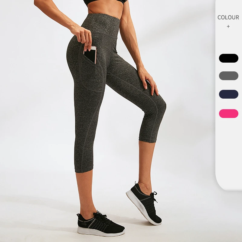 Custom logo Elastic Highwaist Resistance Yoga Pants Side Pocket Cropped Legging 3/4 Length Sport Leggings