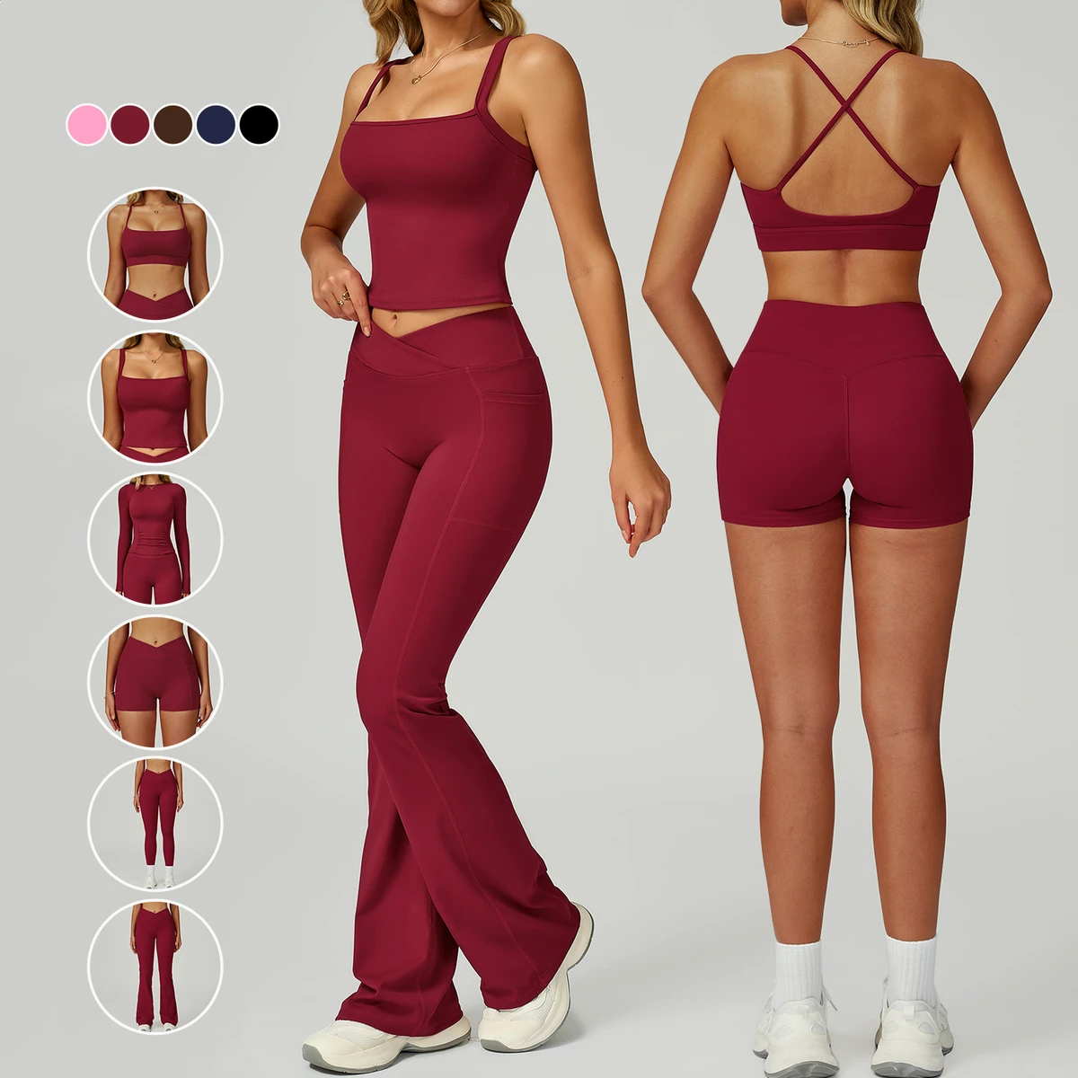 Custom Logo Naked Tight-Fitting 6 Pieces Yoga Suit Quick Drying Soft High Elastic Women's High Waist Running Fitness Gym Sets