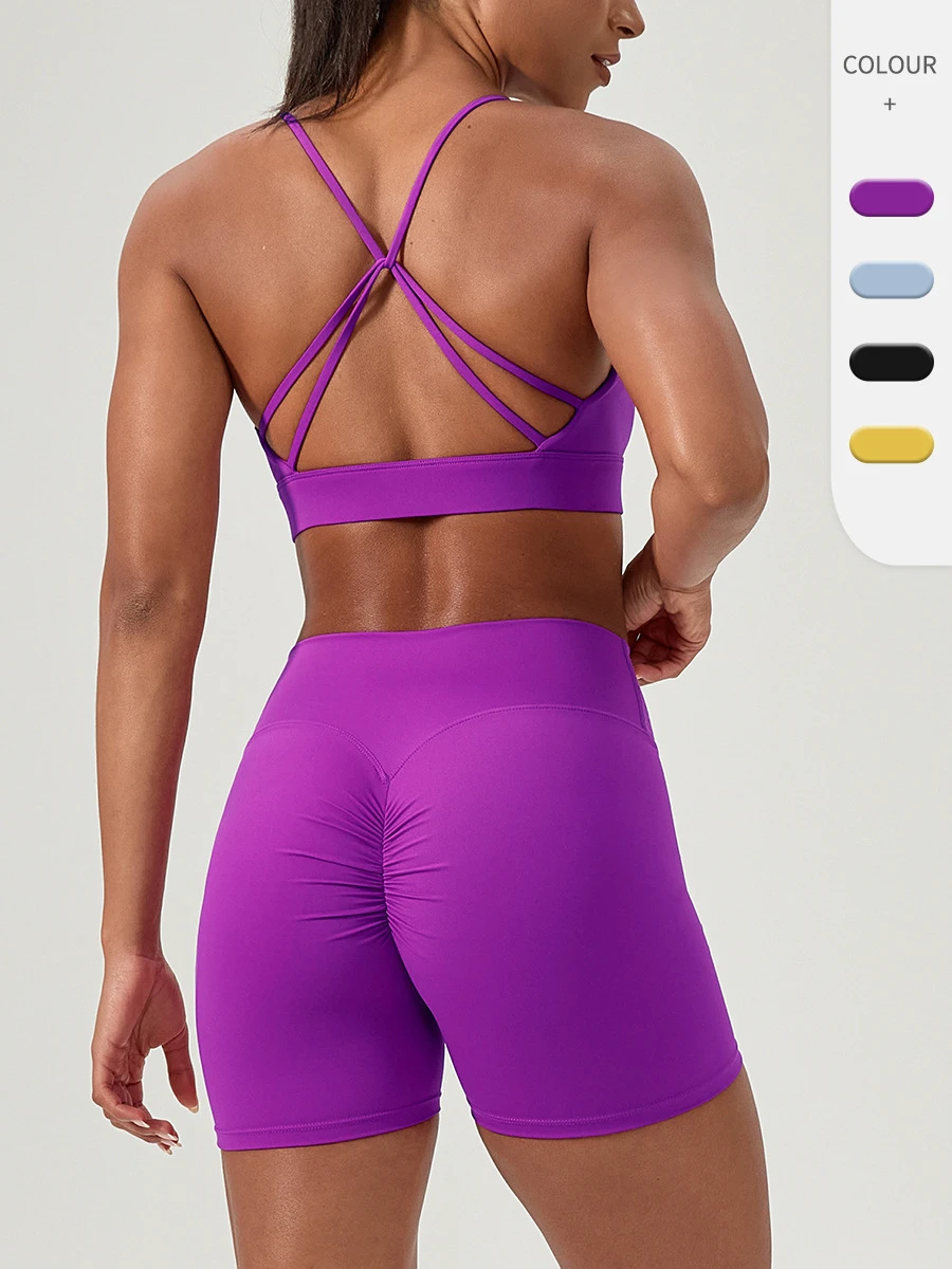 WOJIEER Women 2 Pcs Yoga Set Cross Back Sports Bra High Waist Ruched Booty Shorts Soft Stretch Activewear for Gym Fitness